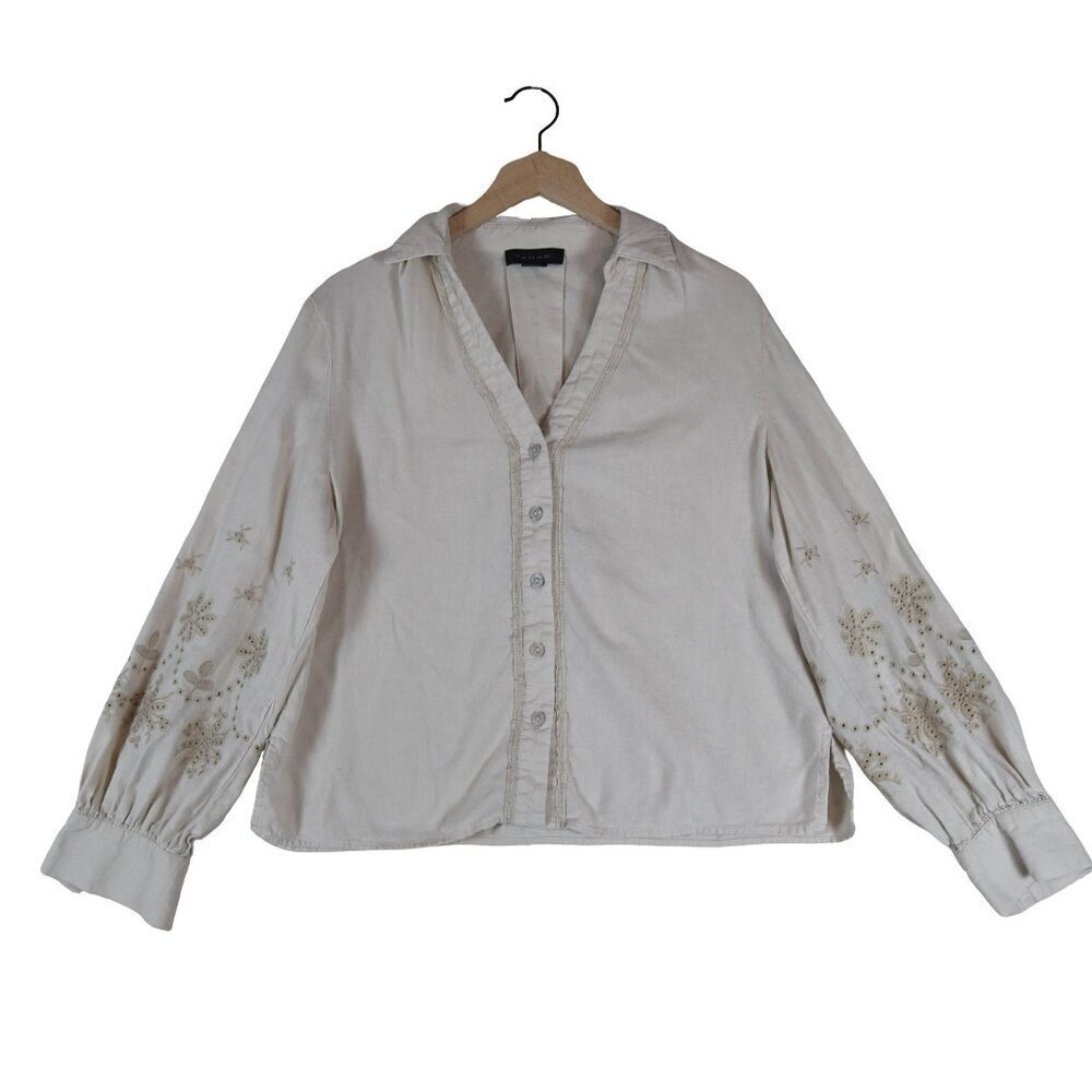 Tahari Linen Blend Embroidered Balloon Sleeve Blouse L Boho Cottagecore